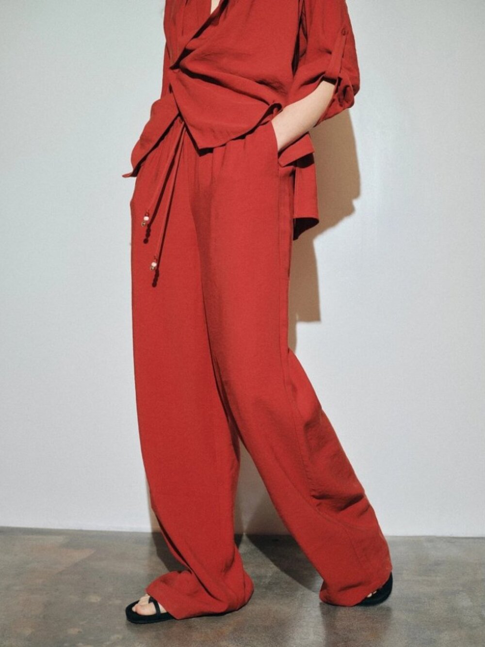 Rust Red-Orange Woven Textured Drawstring Wide Leg Trousers Pants